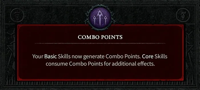 The Combo Points description in Diablo 4, which reads: "Your Basic Skills now generate Combo Points. Core skills consume Combo Points for additional effects."