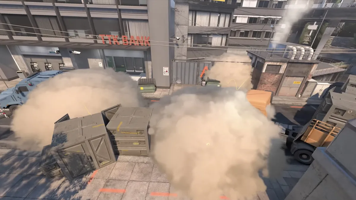 Smoke grenades begin to deploy on Overpass in CS2.