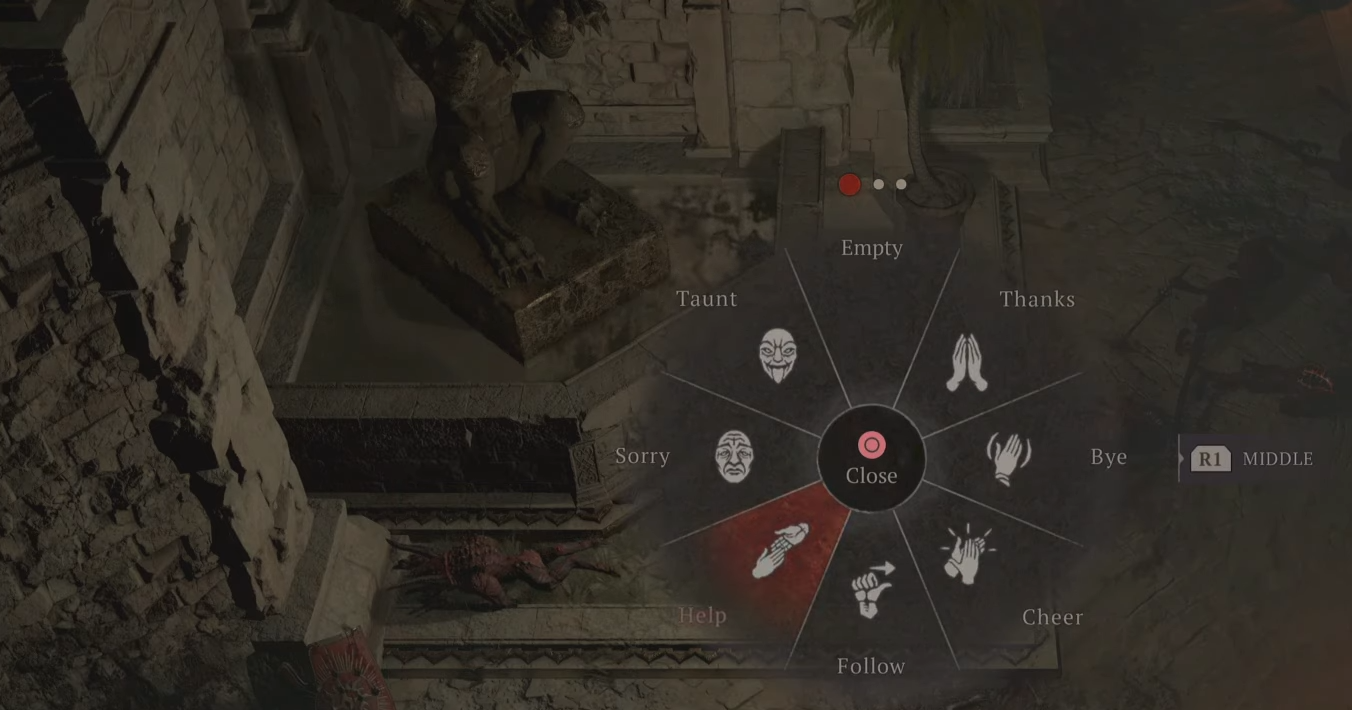 Image of the Diablo 4 emote wheel in the "In Desperate Times" quest in Kehjistan.