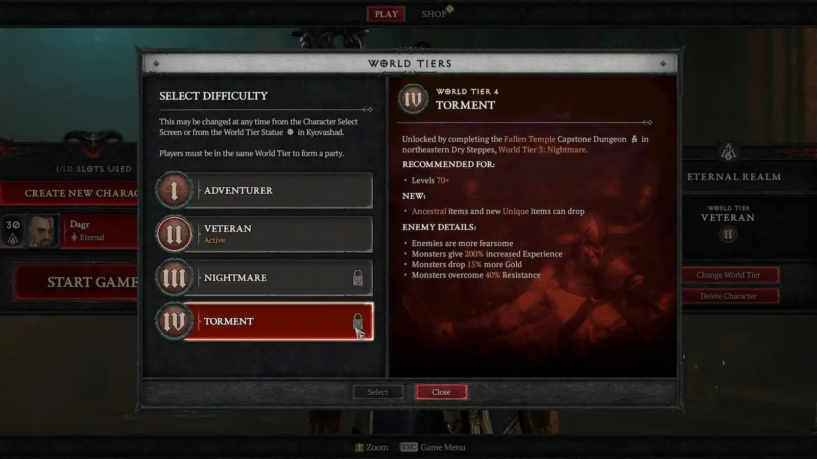 All four World Tiers in Diablo 4.