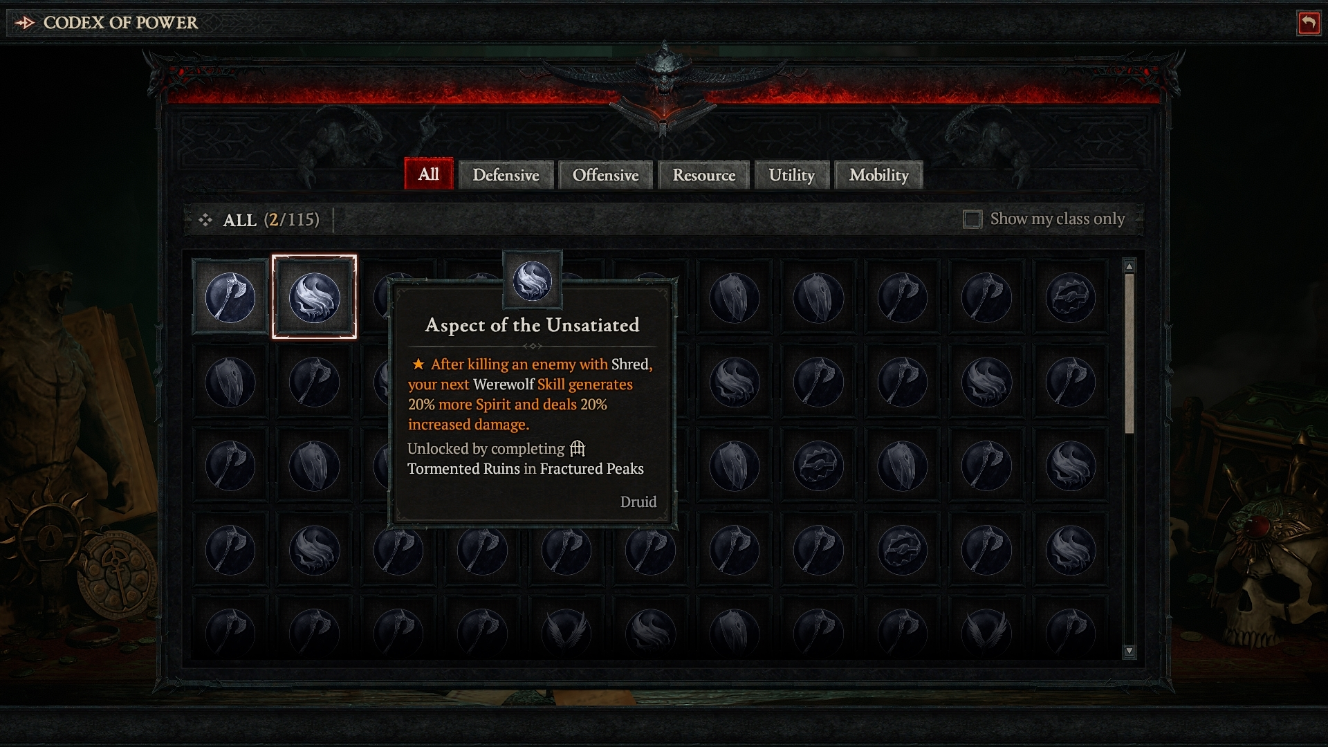 An image of the Codex of Power that contains all Aspects in Diablo 4.