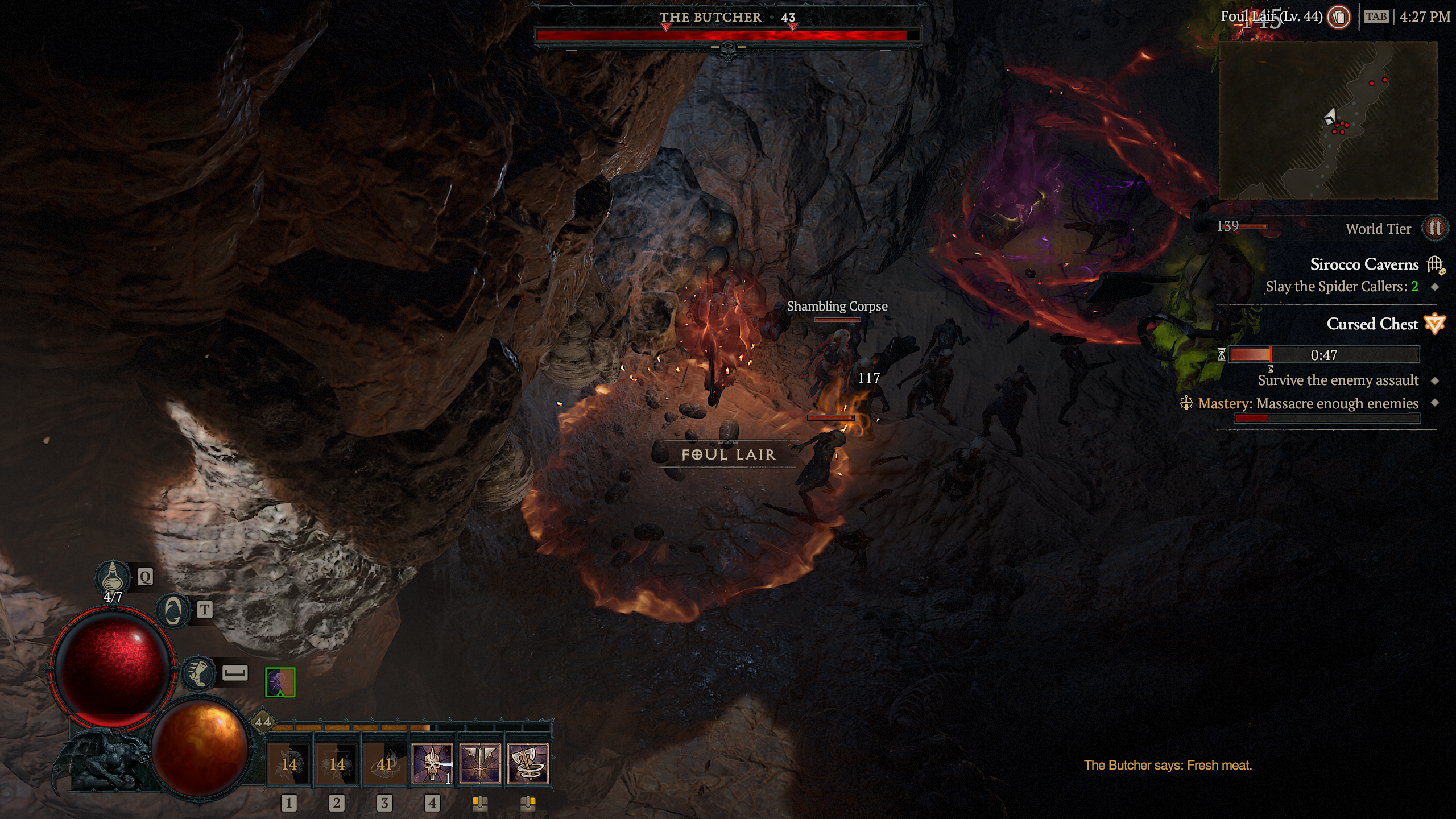 Screenshot of the Butcher boss fight in a random dungeon in Diablo 4.