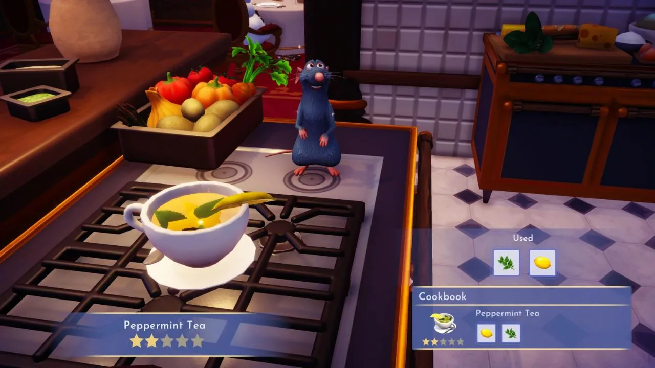 Remy the Rat on a stove next to Peppermint Tea in Disney Dreamlight Valley.