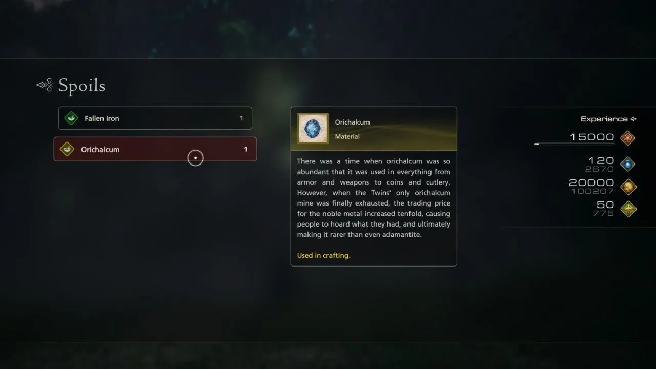 Card with Orichalcum icon with history of the crafting material in Final Fantasy 16