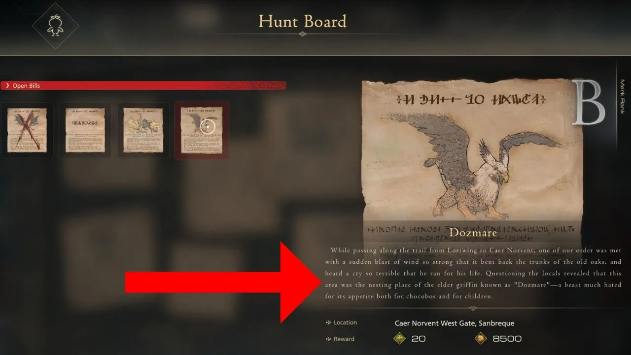 Red arrow pointing to a beast's description on the Hunt Board in Final Fantasy 16.