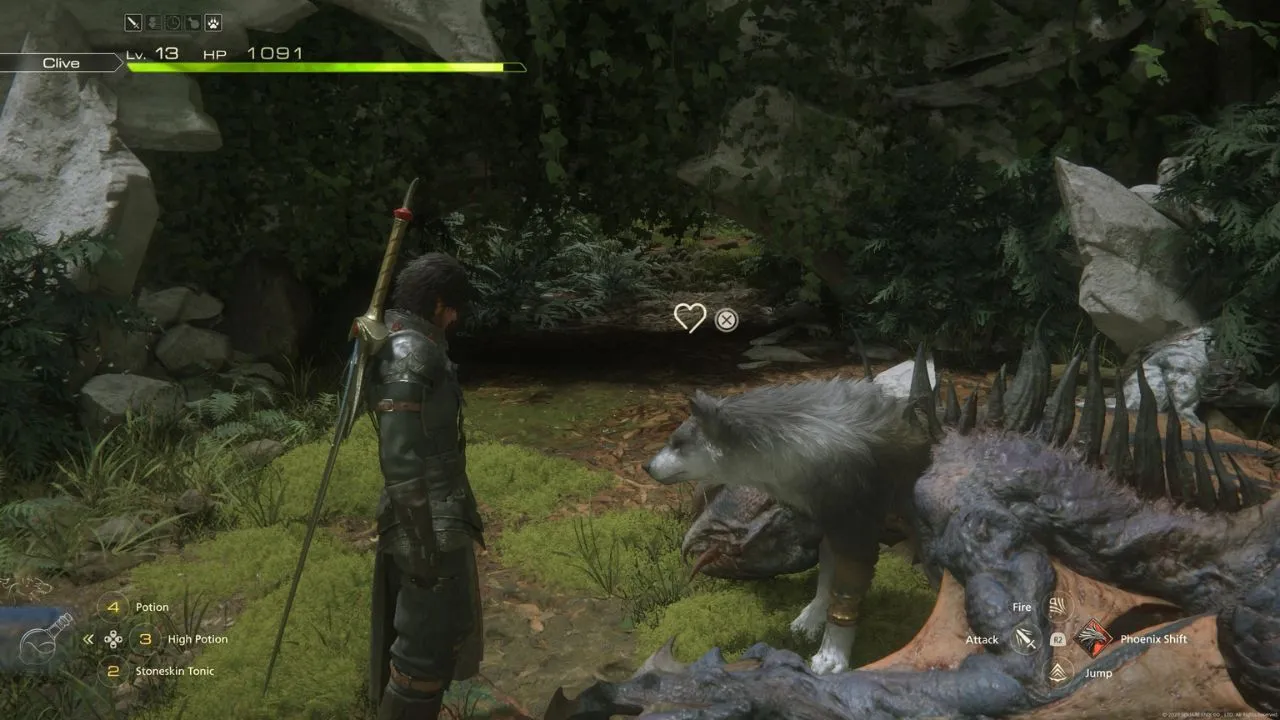 Large dog and man in armor surrounded by plants in Final Fantasy 16