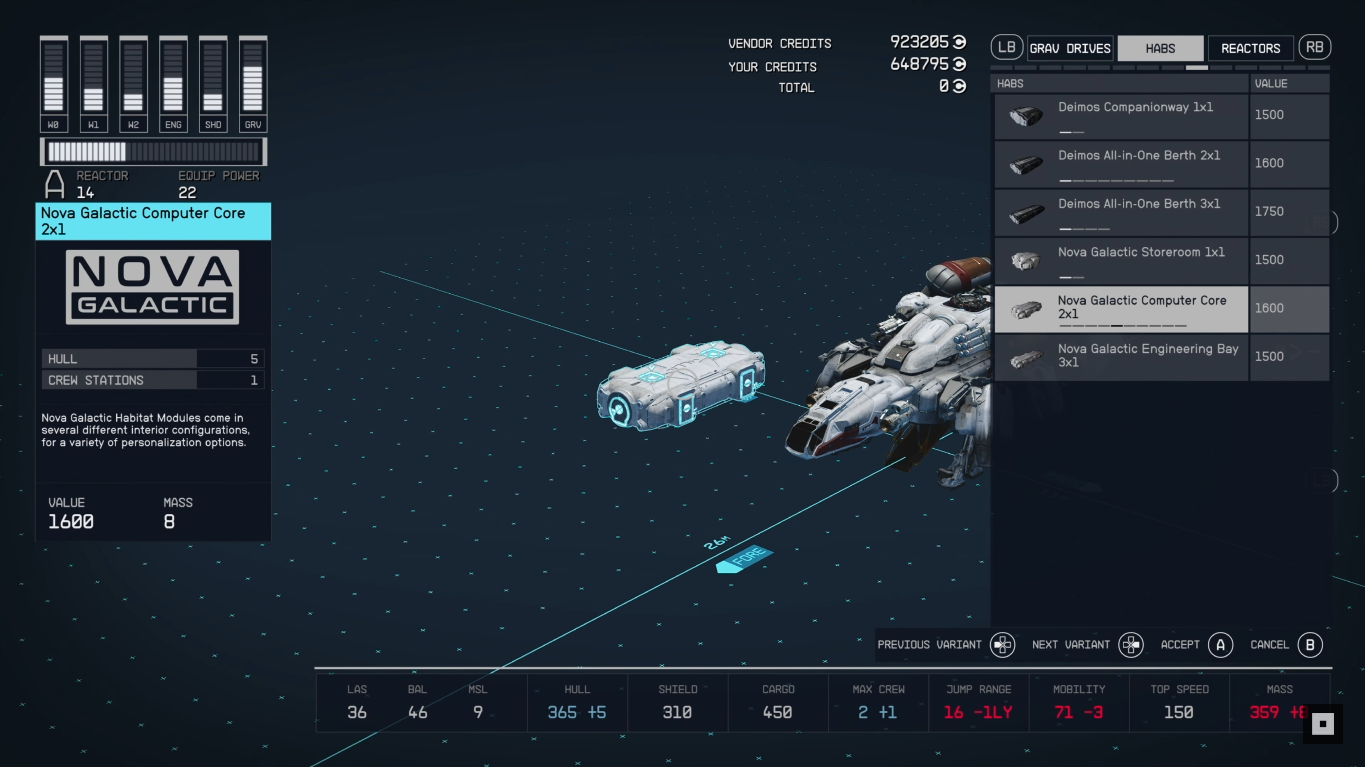 Ship-building interface in Starfield.