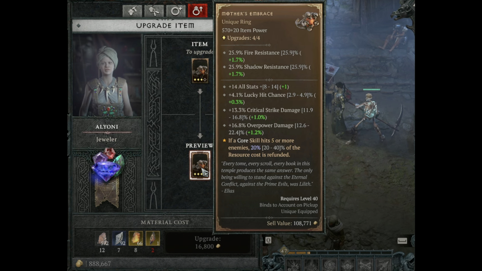 Mother's Embrace item description in the Diablo 4 interface.