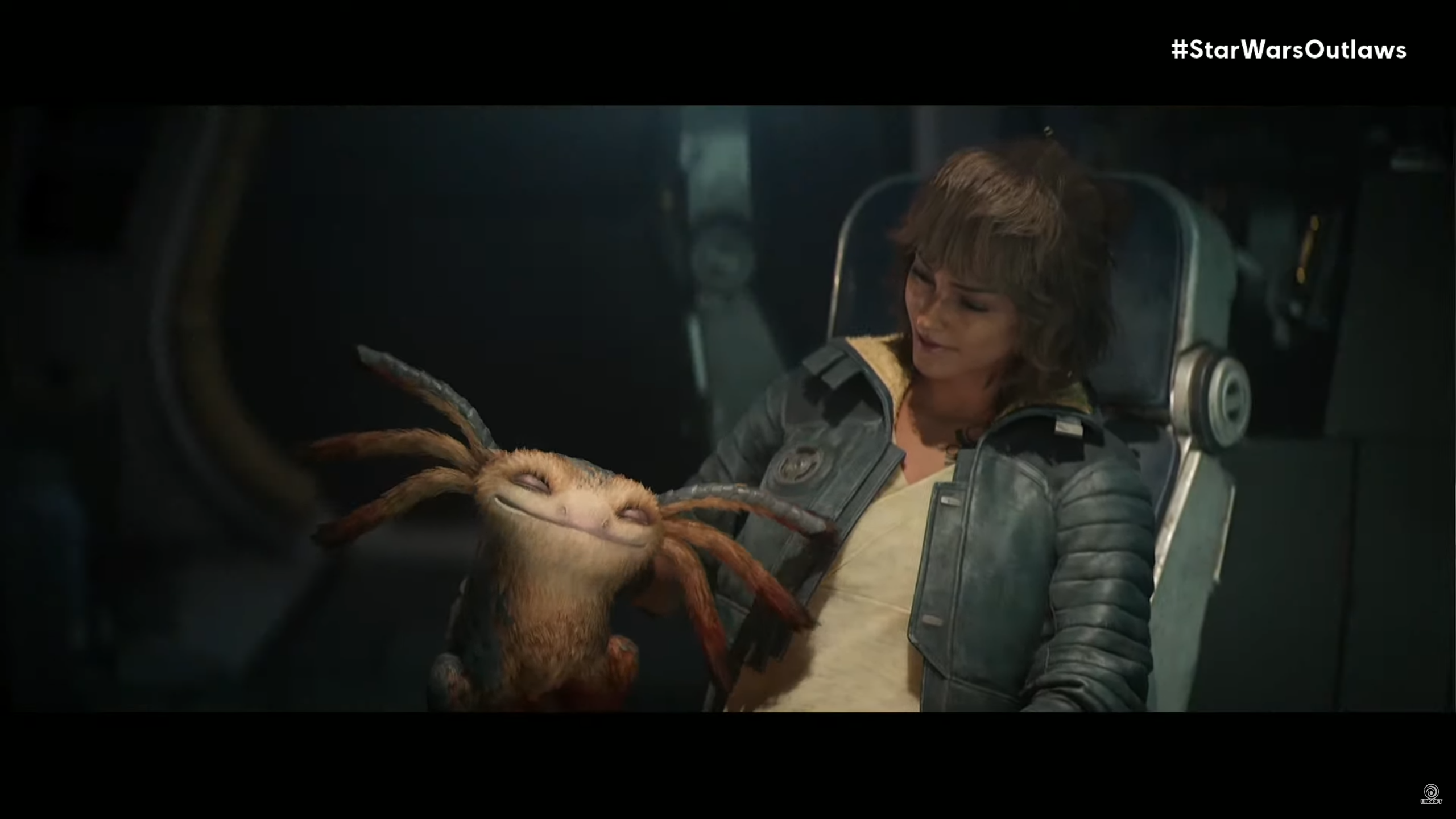 Kay Vess sits in a chair with her companion Nix, who resembles an axolotl, from Star Wars Outlaws