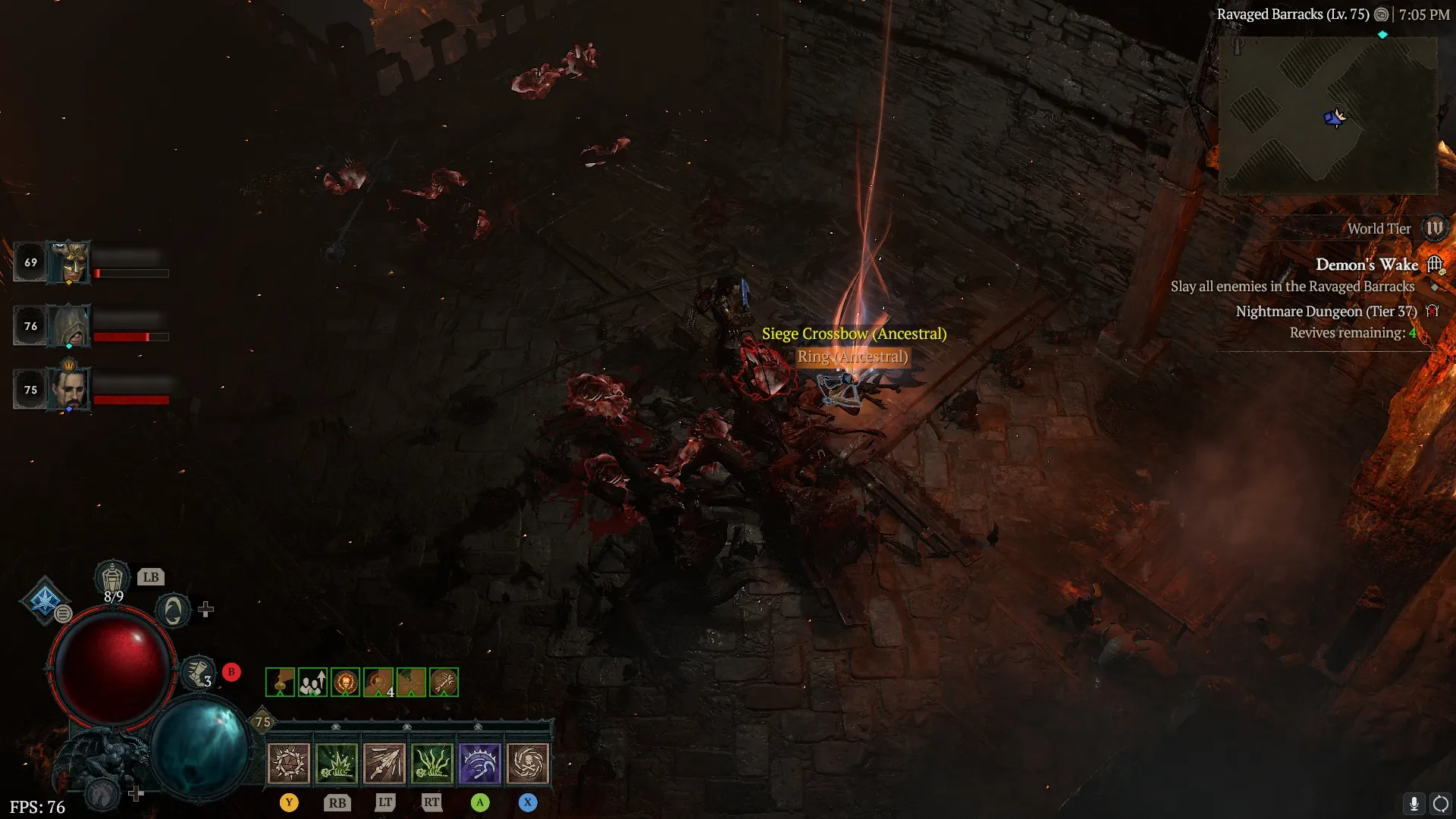 A screenshot of a Diablo 4 dungeon showing a Unique Ancestral Ring as a drop.