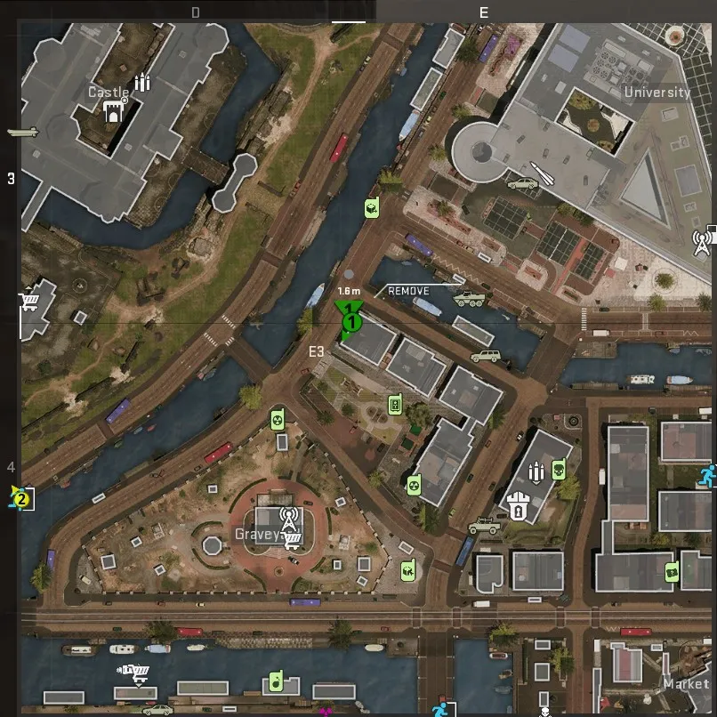 A screenshot of a map of Vondel, with a dead drop location marked by a green dot.