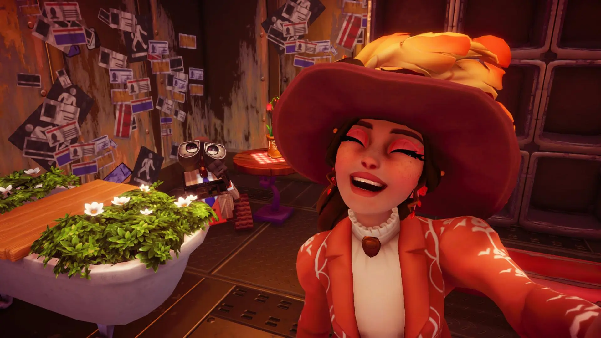 The player wearing the new dress and one of the hats the Wall-E bundle includes with Wall-E wearing his new outfit in the background. 