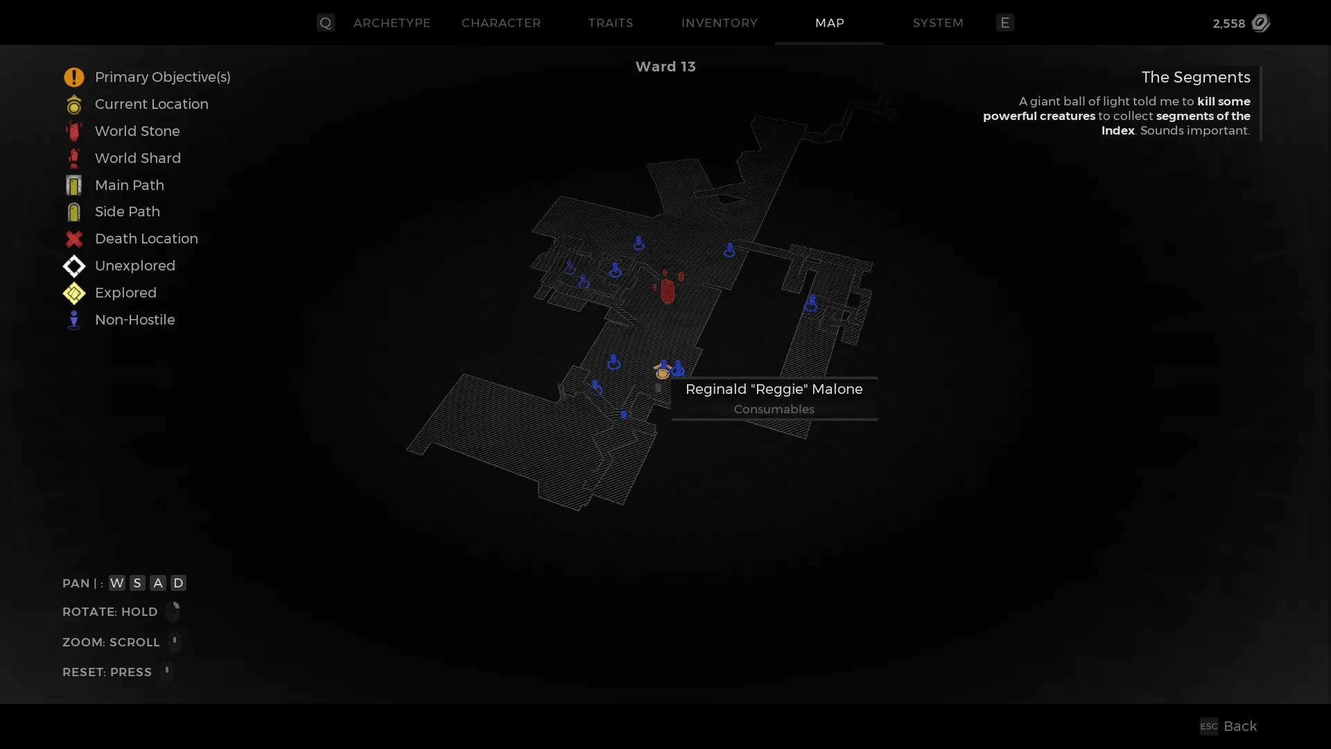 A screenshot of the Remnant 2 map showing the location of Reggie in the Ward 13 area.