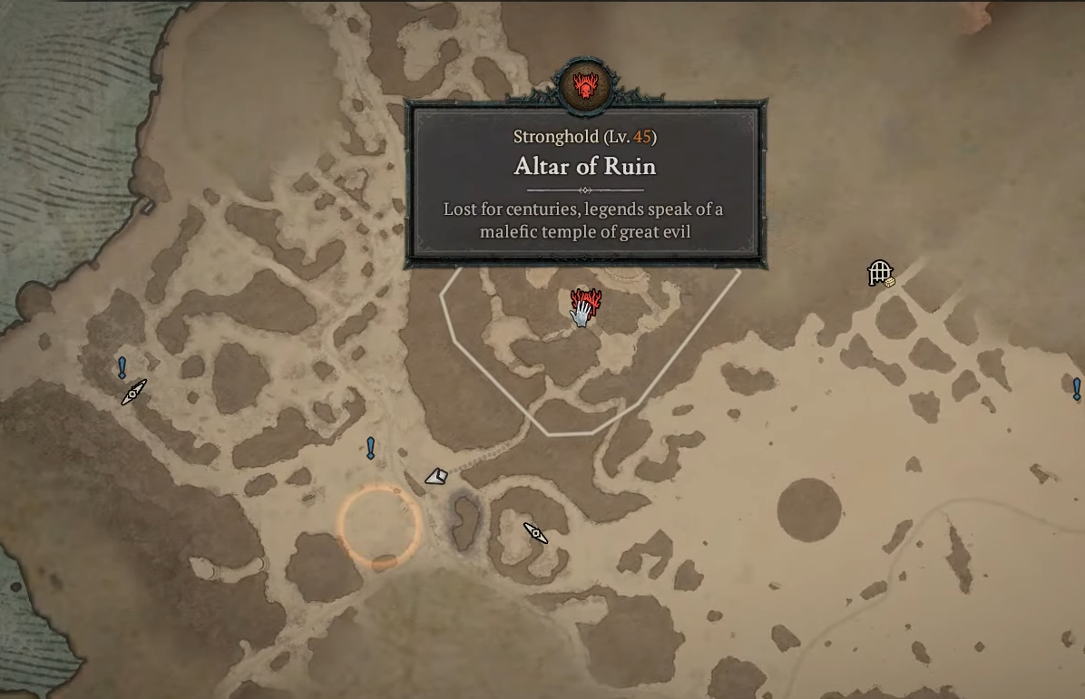 The map in Diablo 4 set to Kehijstan. The cursor is hovered over the Altar of Ruins entry and icon.