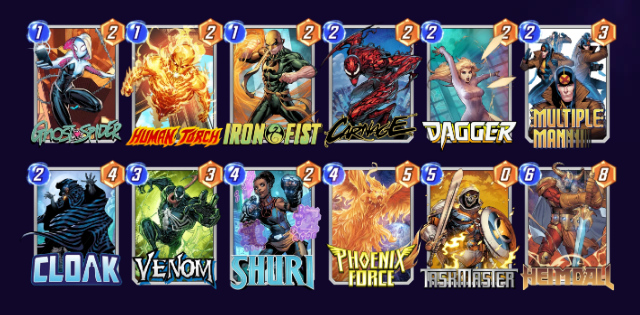 Marvel Snap deck consisting of Ghost-Spider, Human Torch, Iron Fist, Carnage, Dagger, Multiple Man, Cloak, Venom, Shuri, Phoenix Force, Taskmaster, and Heimdall.