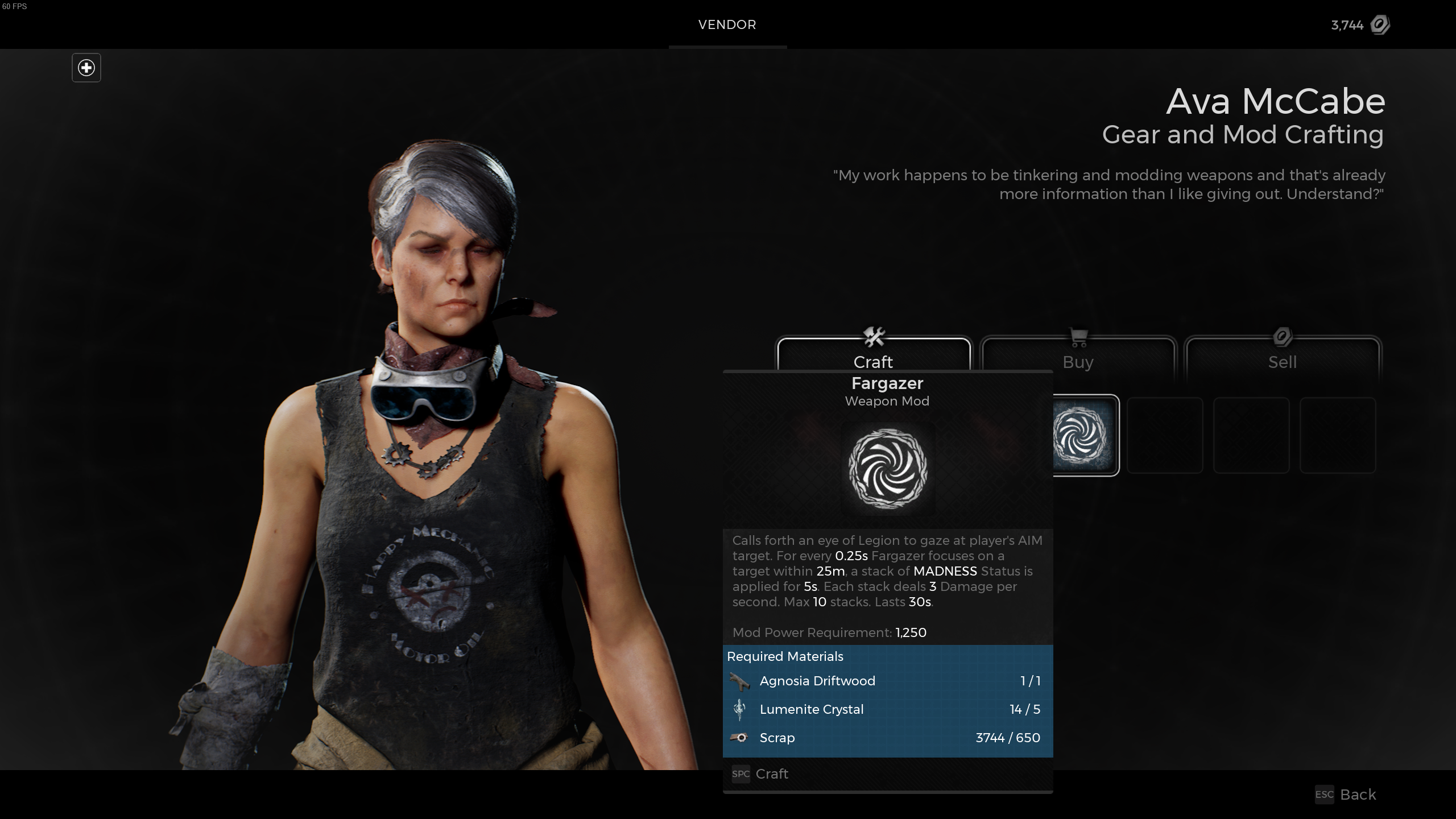 Ava McCabe, from Ward 13, showing you the crafting screen for the Fargazer weapon mod in Remnant 2.