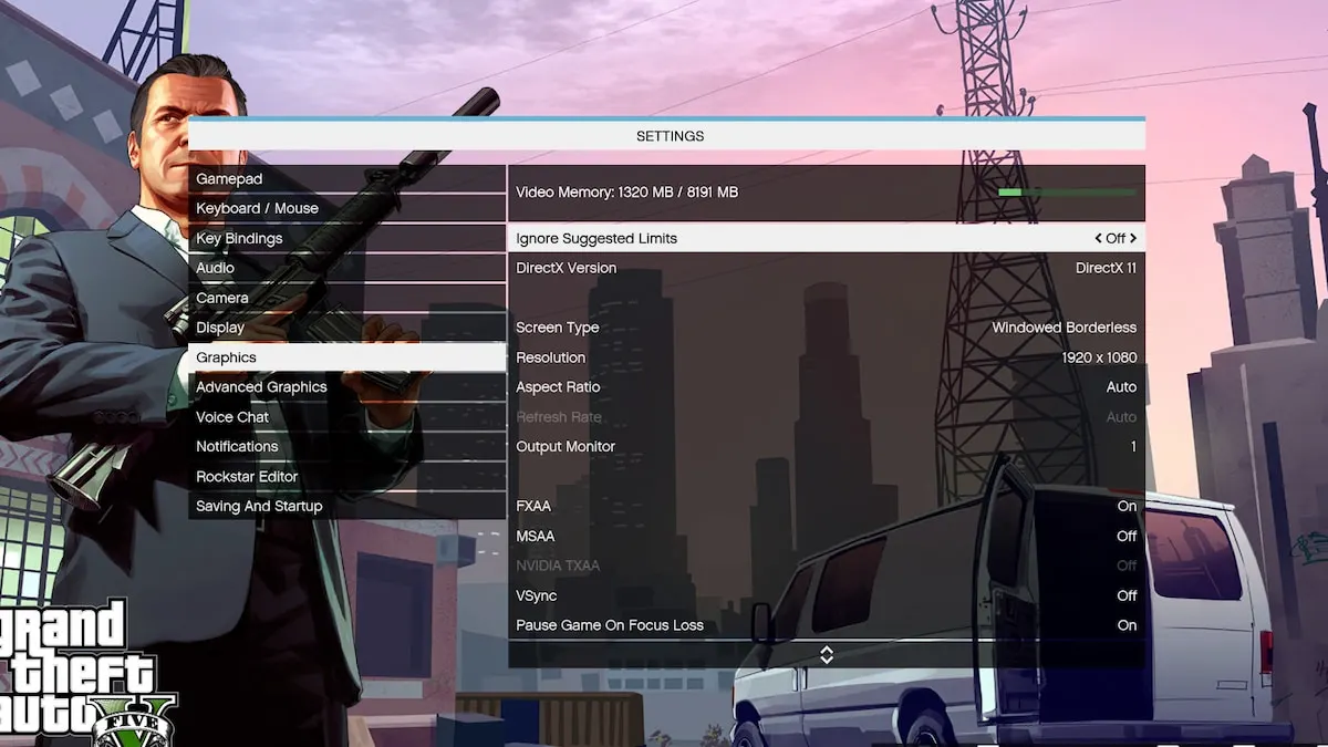 Grand Theft Auto 5 Graphics settings page on the menu screen