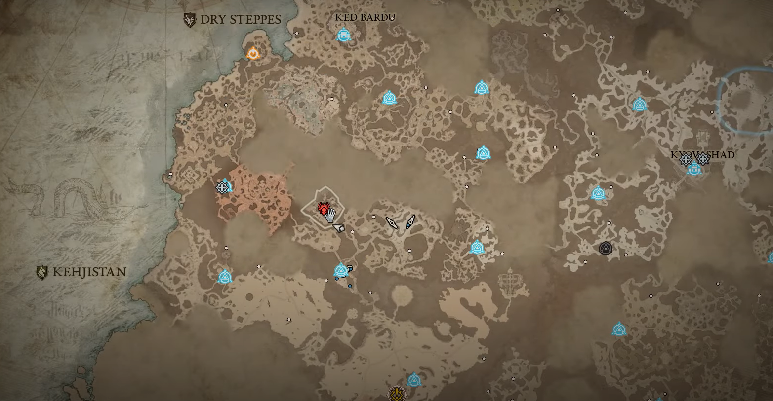 Image of the map of the Dry Steppes in Diablo 4, centered on the Temple of Rot in the western portion of the region.