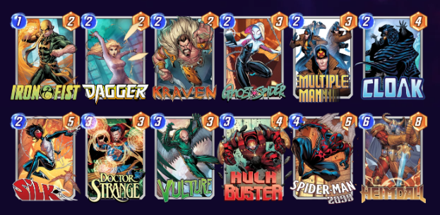 A Marvel Snap deck featuring Iron Fist, Dagger, Kraven, Ghost Spider, Multiple Man, Cloak, Silk, Doctor Strange, Vulture, Hulk Buster, Spider-Man 2023, and Heimdall