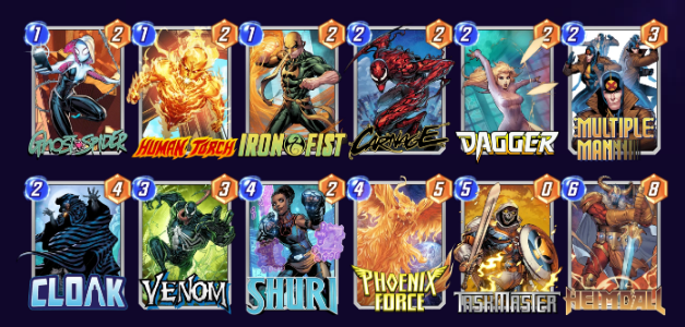 Marvel Snap deck consisting of Ghost-Spider, Human Torch, Iron Fist, Carnage, Dagger, Multiple Man, Cloak, Venom, Shuri, Phoenix Force, Taskmaster, and Heimdall. 