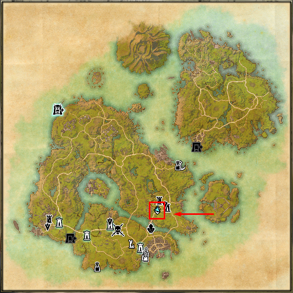 High Isle map in ESO, with a red arrow indicating the location where players can find Ember.