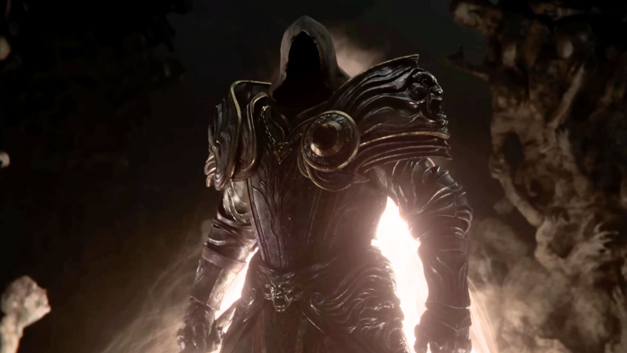 A hooded man with no face and glowing wings in Diablo 4