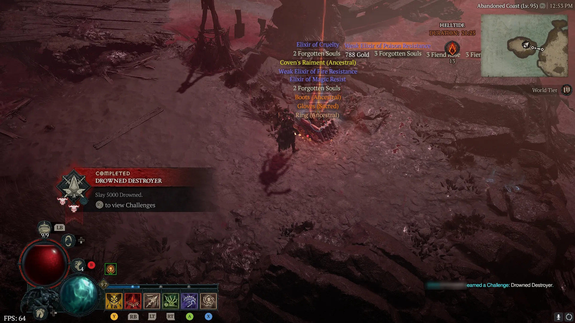 An image showing an opened chest with several resources and Elixirs, two Legendary drops, and an Ancestral Unique ring in Diablo 4.