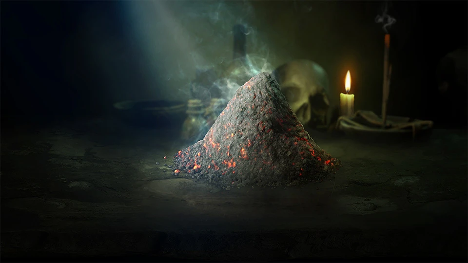 Image of a pile of Smoldering Ash placed in front of a skull and candle in Diablo 4.