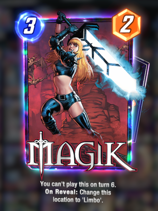 The Magik card in Marvel Snap, with its description below.