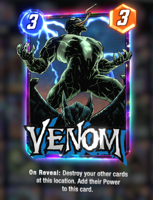 The Venom card in Marvel Snap, with its description below.