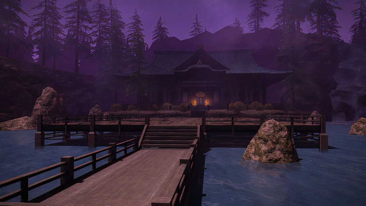 A purple haze surrounding a building set on water in Final Fantasy 14