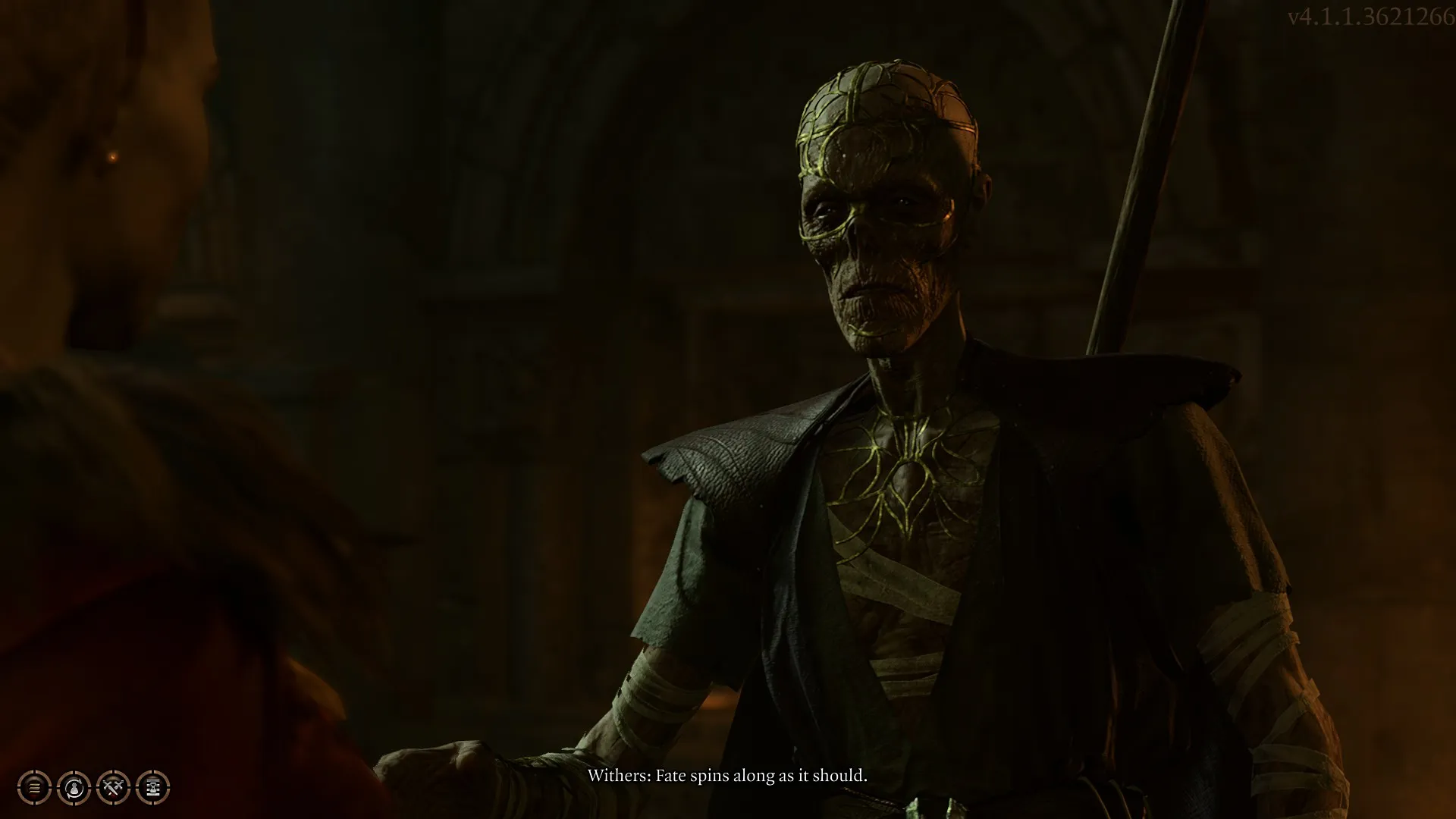 Withers, an undead ally, is shown inside a dark room in Baldur's Gate 3.