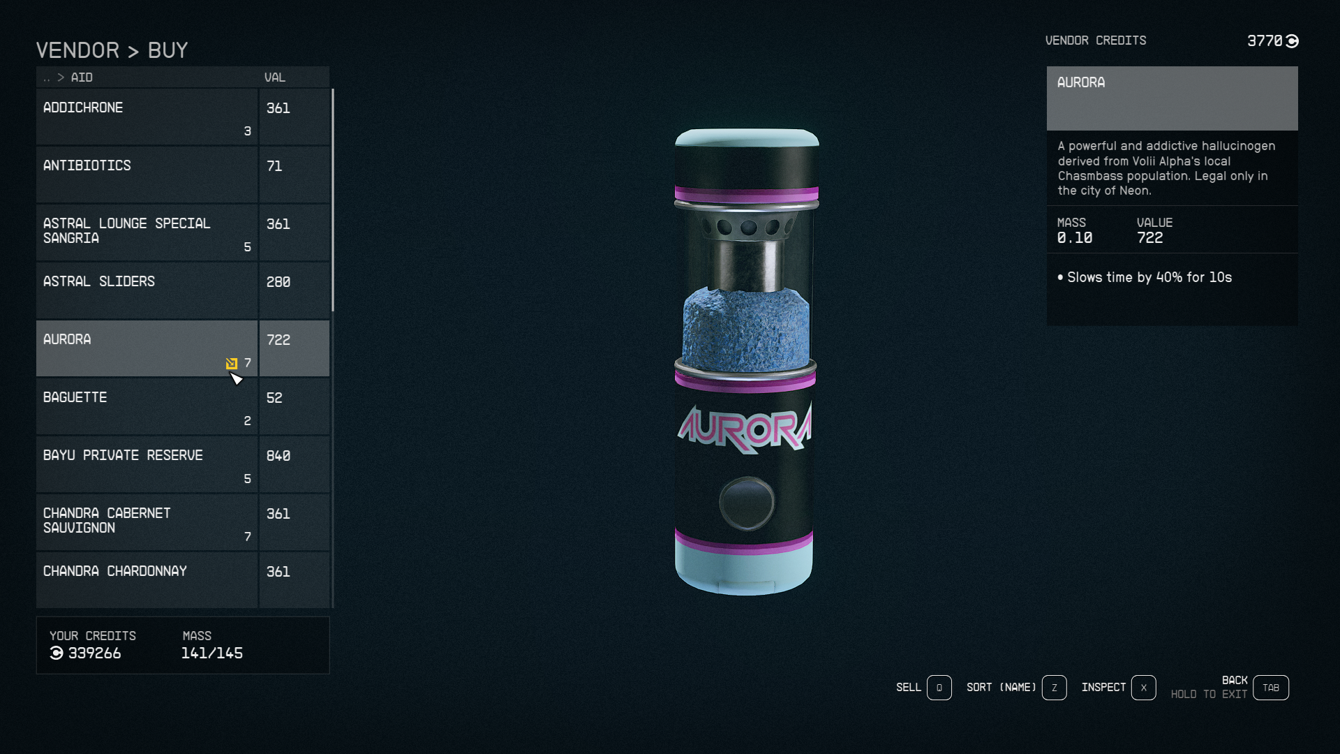 Image of a shopping menu screen in Starfield, showing the contraband item dubbed 'Aurora'. 