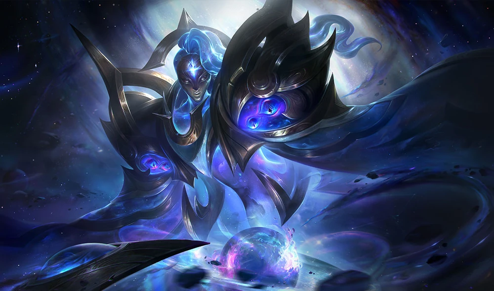 Bel'Veth in a cosmic beam stares down at a tiny planet beneath her in League of Legends