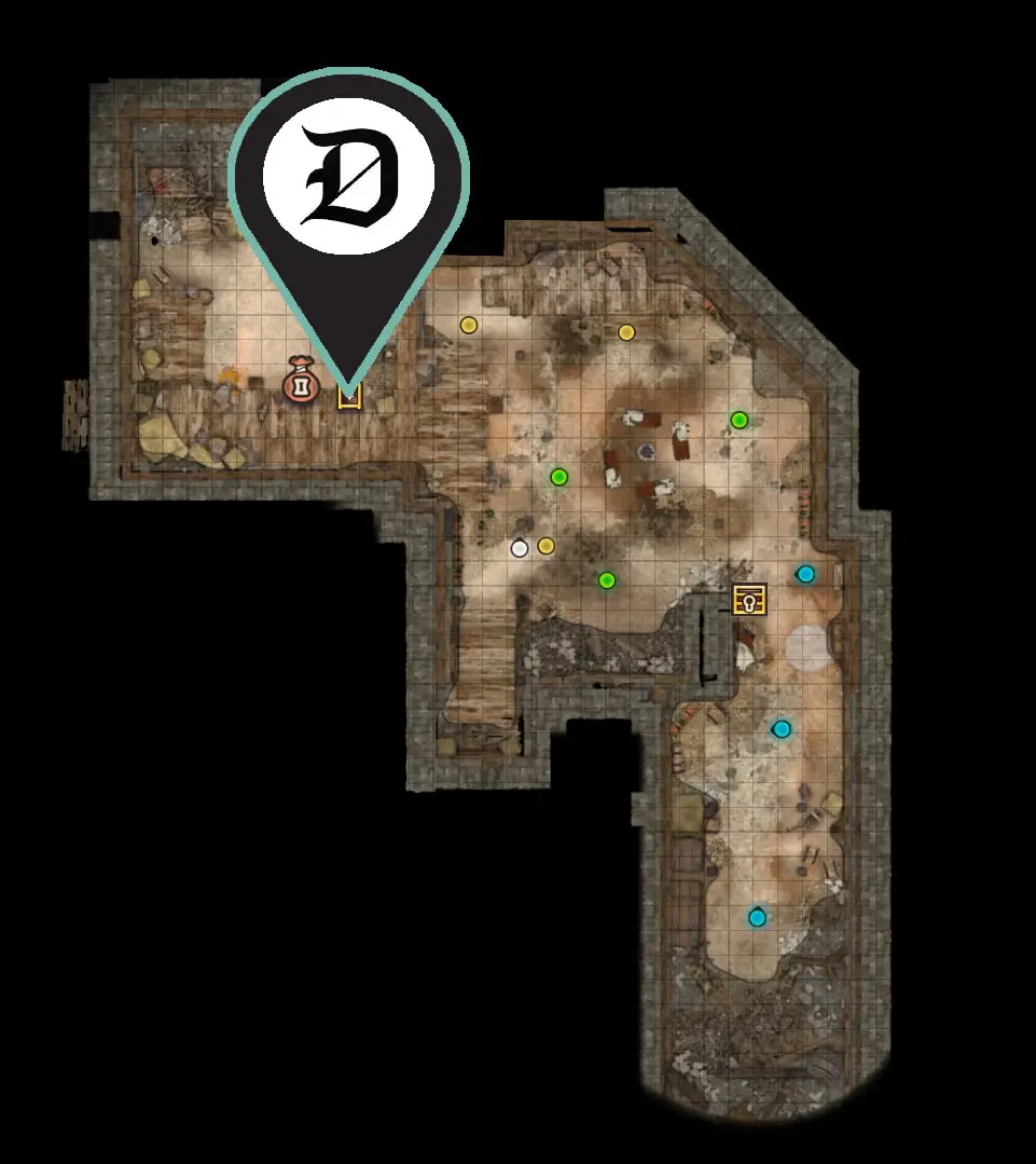 A screenshot of the Blighted Village camp map in Act One of BG3 showing readers where they can find the Magic Mirror to change their appearance.