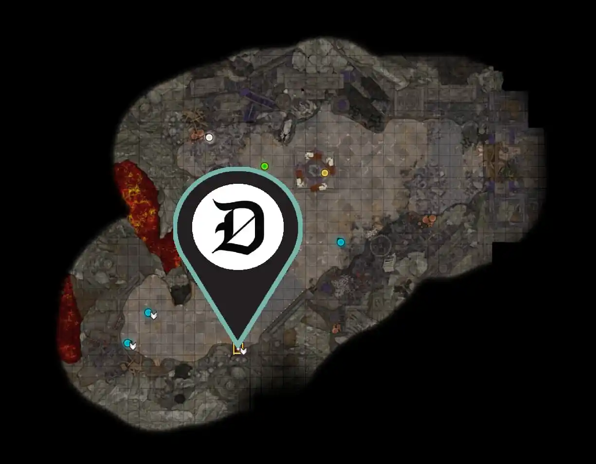 A screenshot of the Gyrmforge Camp map in Act One of BG3 showing readers where they can find the Magic Mirror to change their appearance.