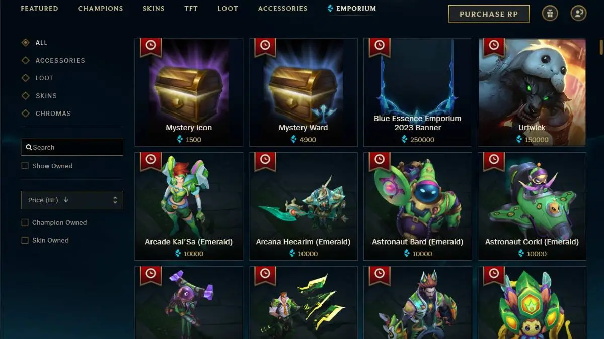 An image from League of Legends of the Essence Emporium shop, which has a special tab in the League shop.