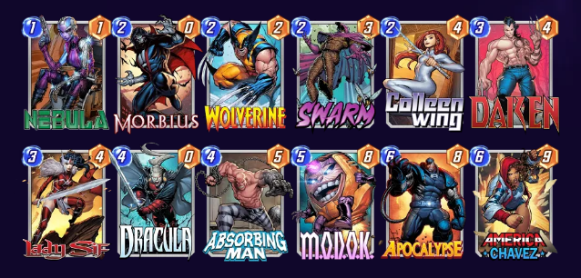 Marvel Snap deck consisting of Nebula, Morbius, Wolverine, Swarm, Colleen Wing, Daken, Lady Sif, Dracula, Absorbing Man, MODOK, Apocalypse, and America Chavez. 