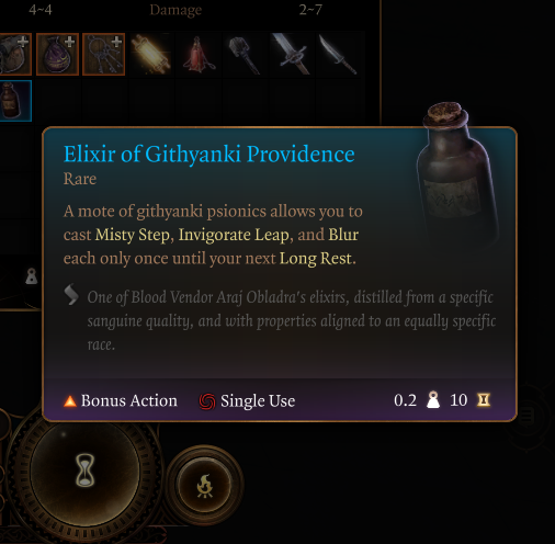 Displays the description for the item "Elixir of Githyanki Providence" in Baldur's Gate 3.