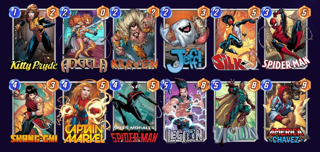 Marvel Snap deck consisting of Kitty Pryde, Angela, Kraven, Jeff the Baby Landshark, Silk, Spider-Man, Shang-Chi, Captain Marvel, Miles Morales, Legion, Vision, and America Chavez. 