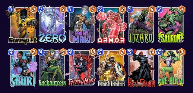 Marvel Snap deck consisting of Sunspot, Zero, Ebony Maw, Armor, Lizard, Sauron, Shuri, Enchantress, Typhoid Mary, Taskmaster, Red Skull, and She-Hulk.