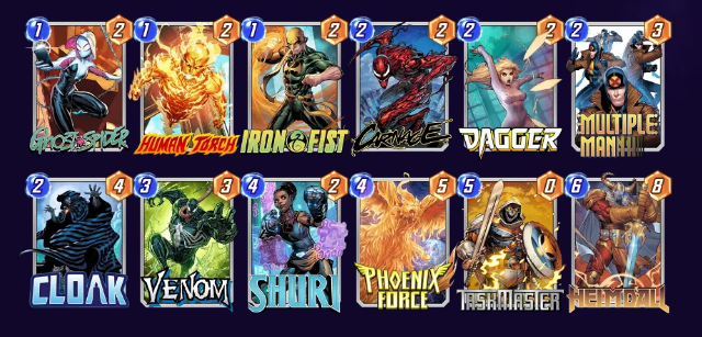 Marvel Snap deck consisting of Ghost Spider, Human Torch, Iron Fist, Carnage, Dagger, Multiple Man, Cloak, Venom, Shuri, Phoenix Force, Taskmaster, and Heimdall. 