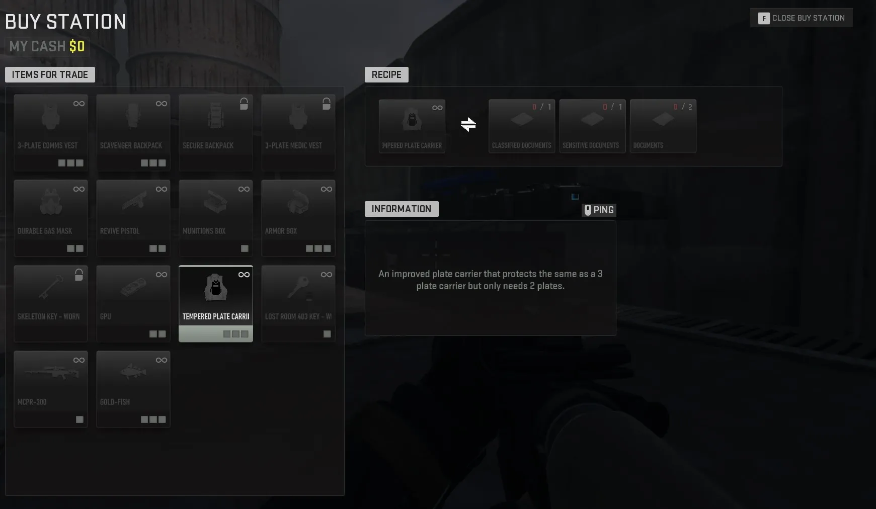 A screenshot of a Buy Station Barter menu with the recipe of the Tempered Plate Carrier vest shown in DMZ.