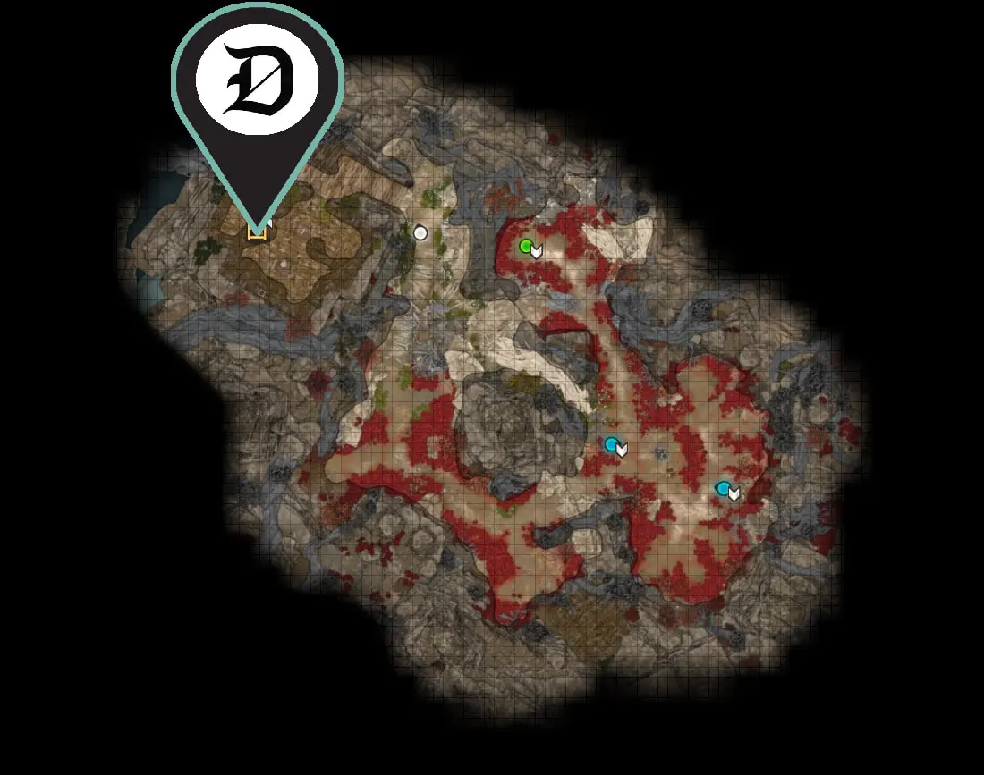 A screenshot of the Shadow-Cursed lands Camp map in Act 2 of BG3 showing readers where they can find the Magic Mirror to change their appearance.