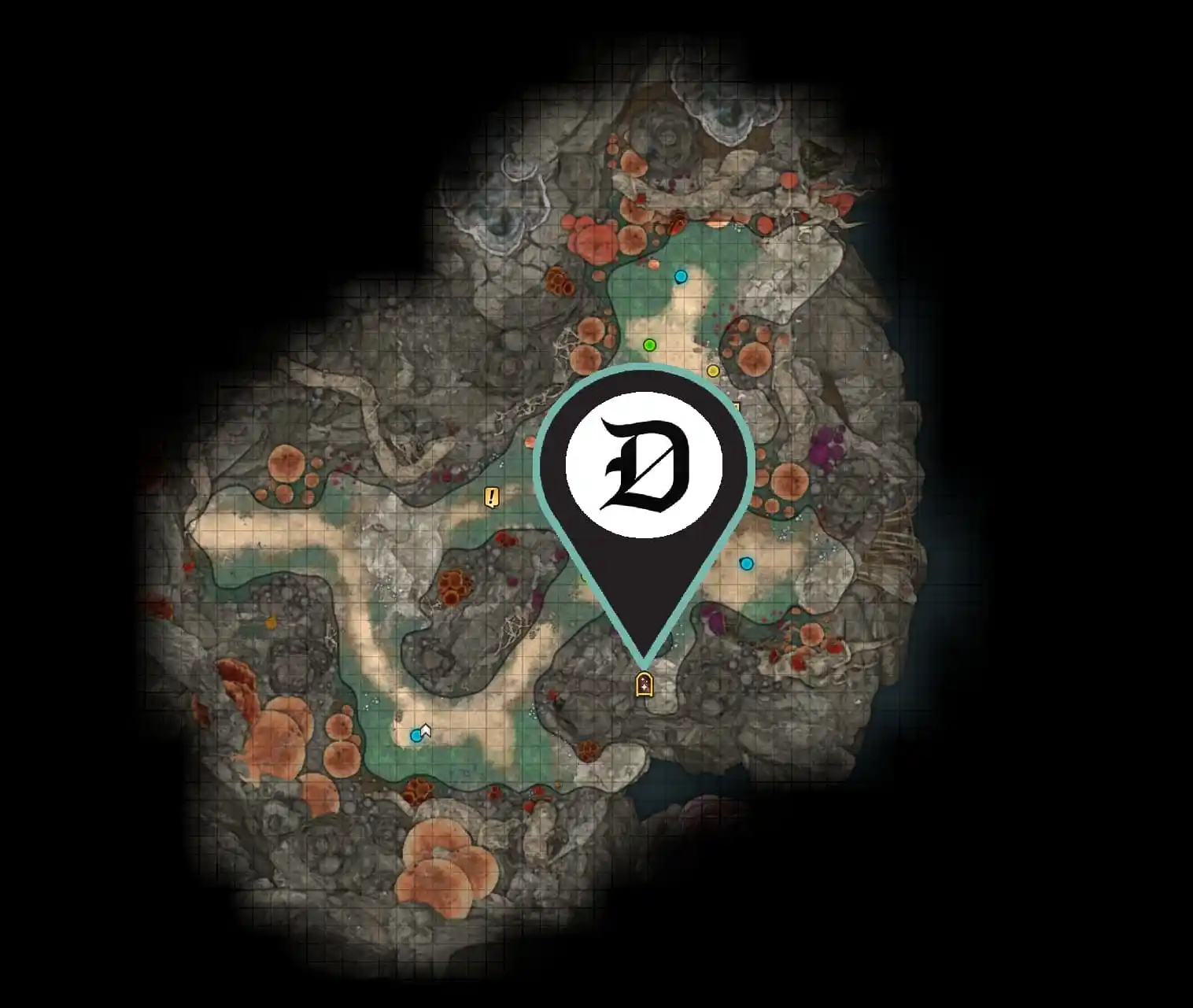 A screenshot of the Underdark camp map in Act One of BG3 showing readers where they can find the Magic Mirror to change their appearance.