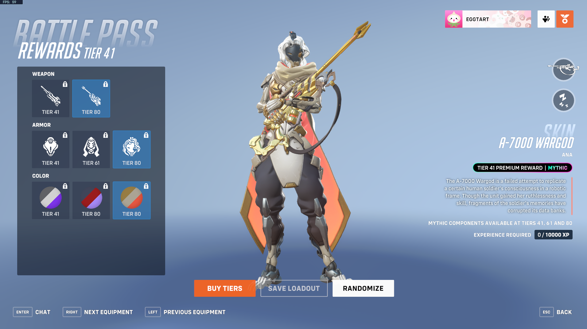 Ana's Overwatch 2 season 6 mythic skin with all customization upgrades, turning the skin into a gold and white color with a feminized Omnic face.