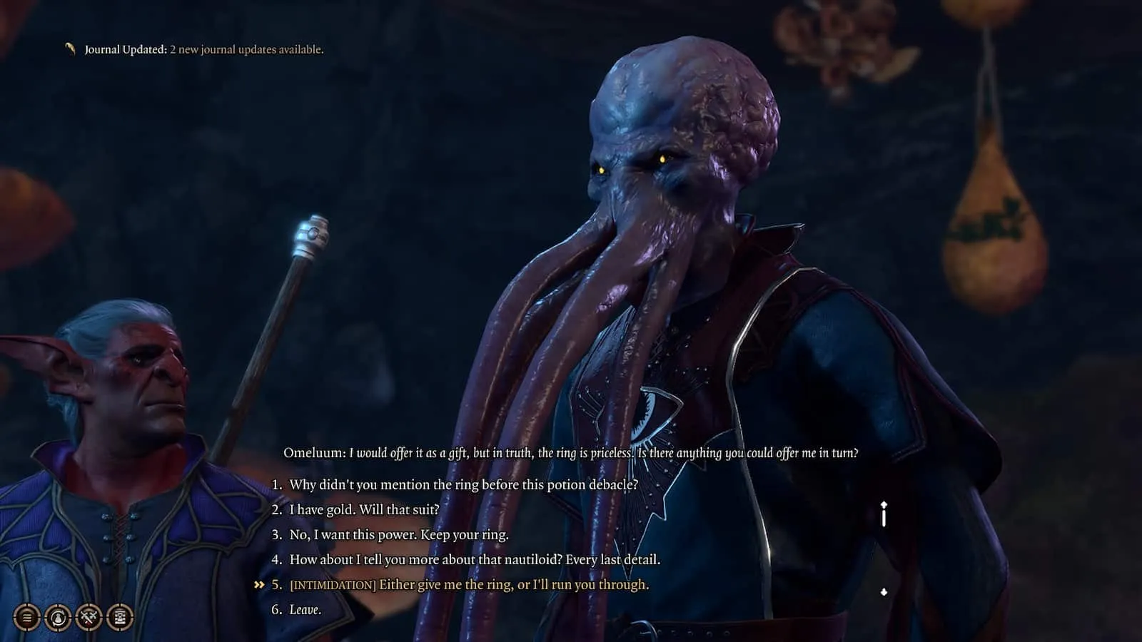 Screenshot showing Omeluum offering the Ring of Shielding in Baldur's Gate 3