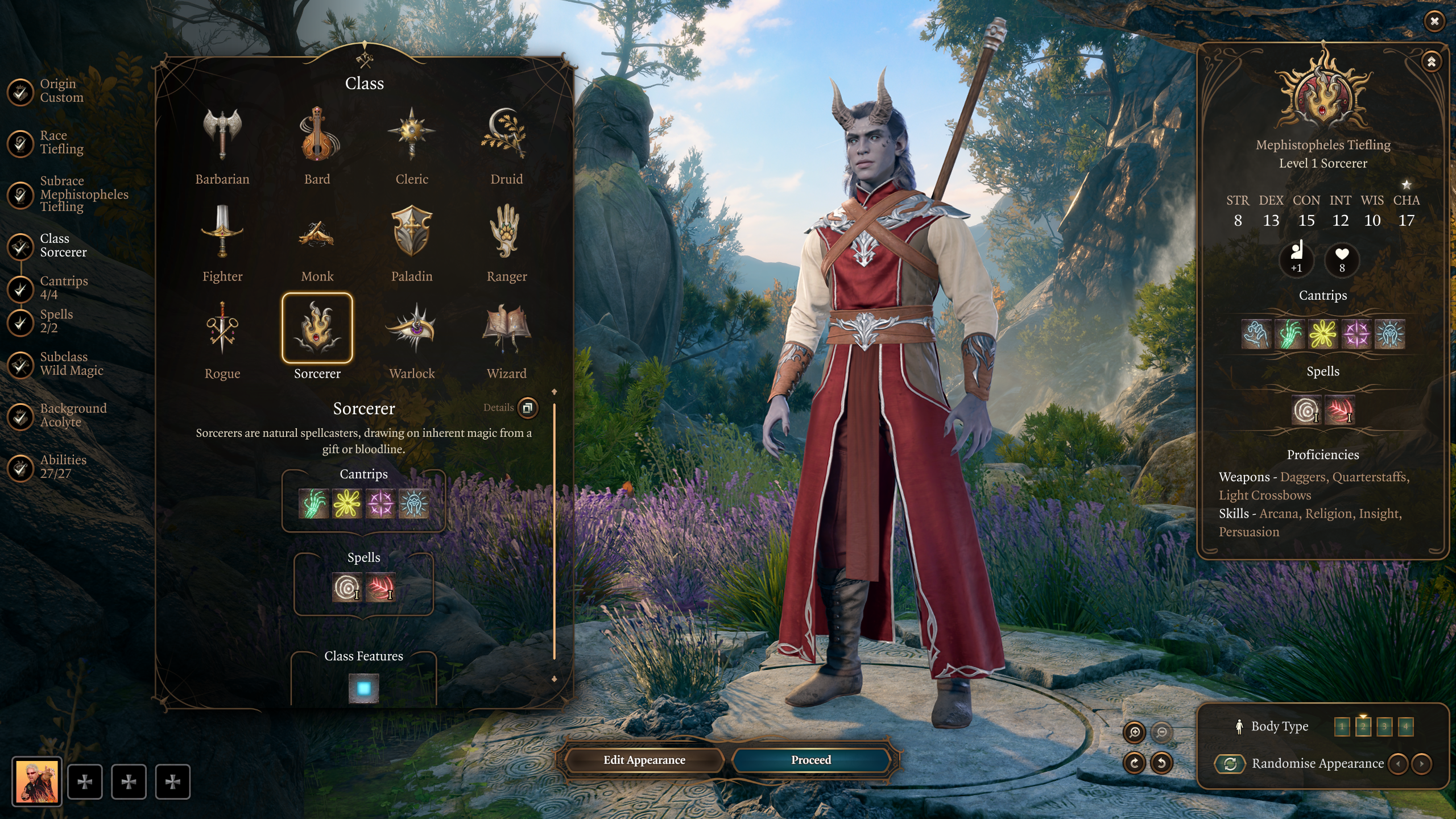 The Sorcerer class standing in the Baldur's Gate 3 character creator.