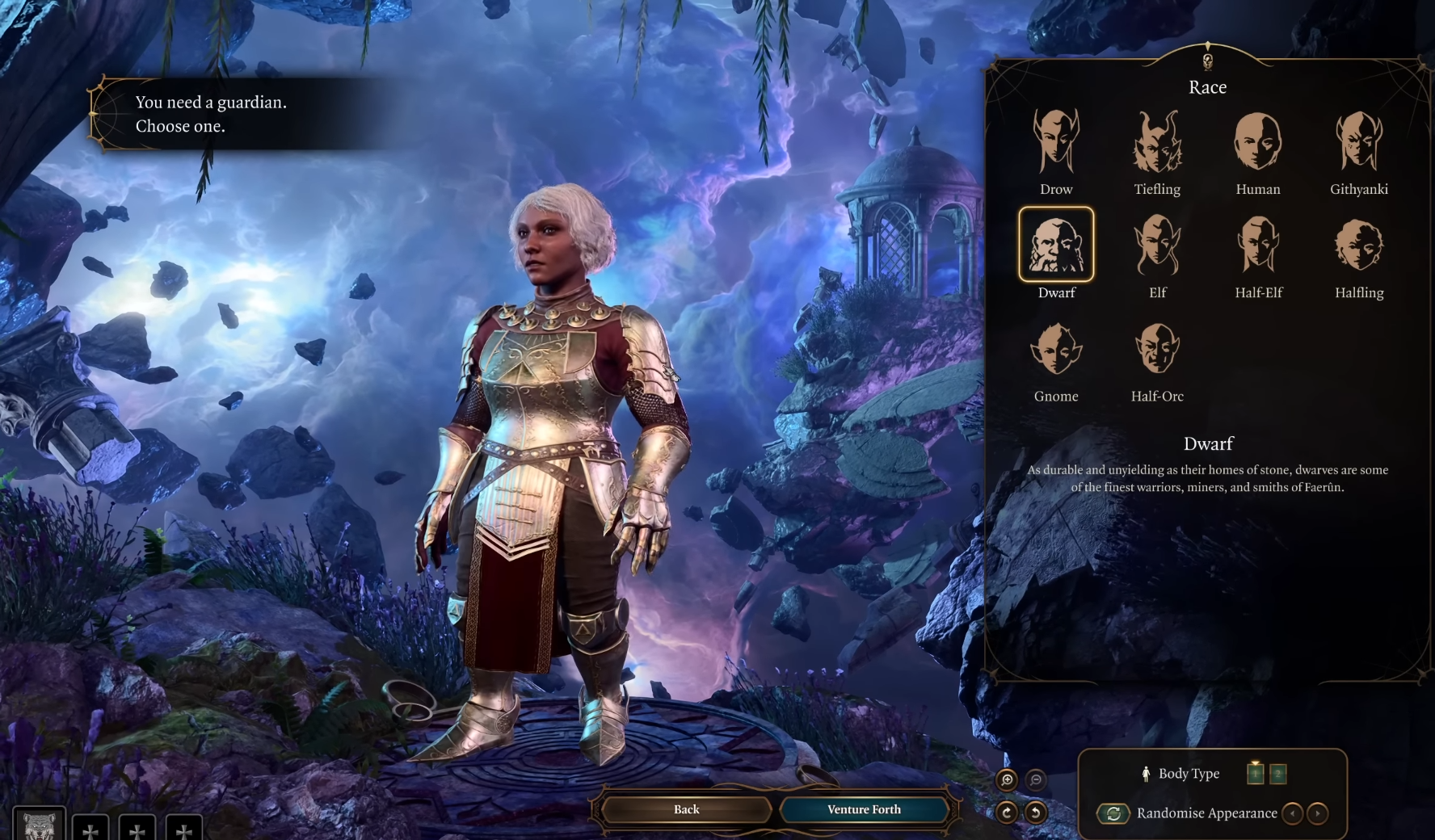 A dwarf with white hair and steel plate armor in the guardian character creation screen of Baldur's Gate 3.