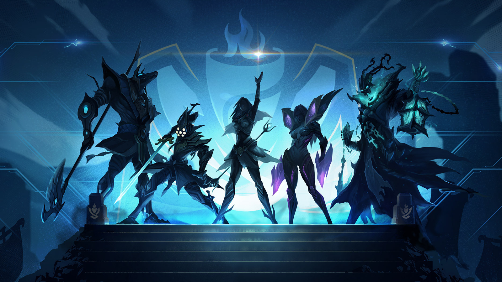 A group of five League of Legends champions including Nasus, Master Yi, Lux, Kaisa, and Thresh prepare for battle in front of a blue flame.